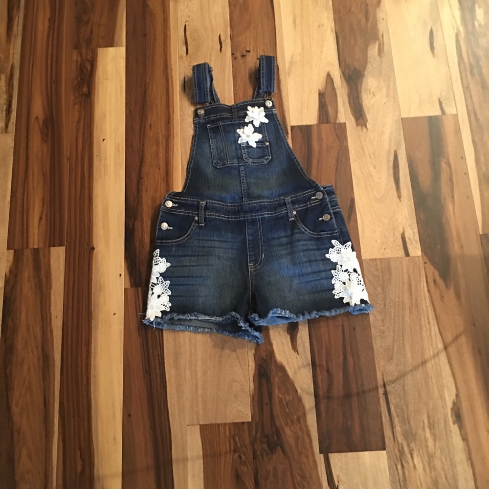 Shorts Denim Overalls w/ White Embroidered Flowers